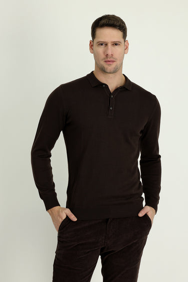 Koyu Kahve Polo Yaka Regular Fit Triko Kazak