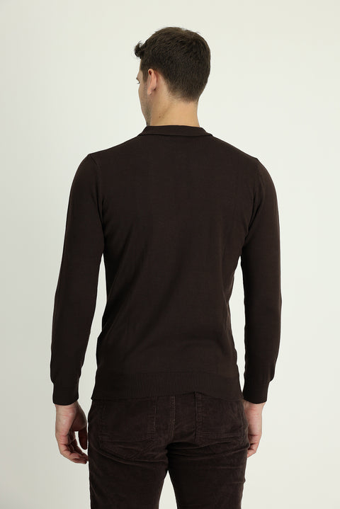 Koyu Kahve Polo Yaka Regular Fit Triko Kazak