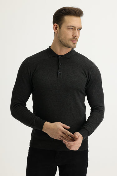 Koyu Antrasit Polo Yaka Regular Fit Triko Kazak