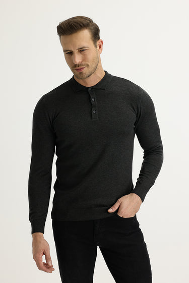 Koyu Antrasit Polo Yaka Regular Fit Triko Kazak