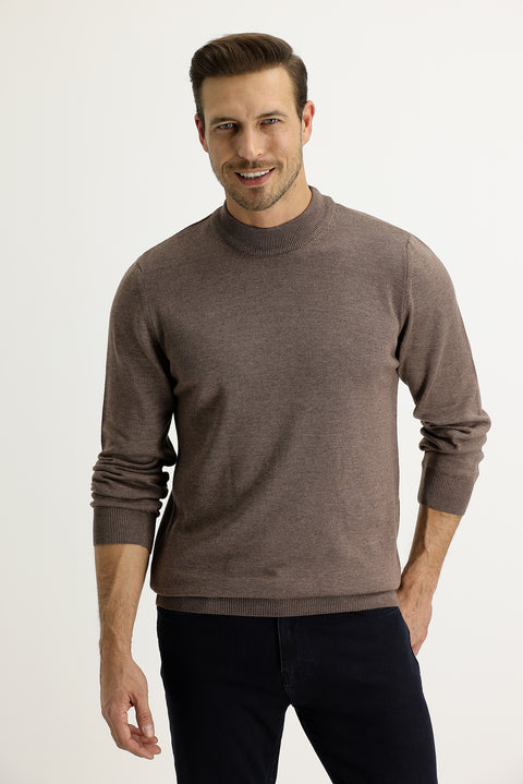 Light Brown Melange Half Turtleneck Regular Fit Knitted Sweater