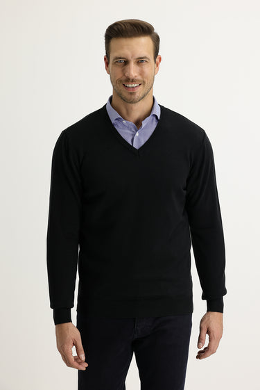 Siyah V Yaka Regular Fit Pamuklu Triko Kazak