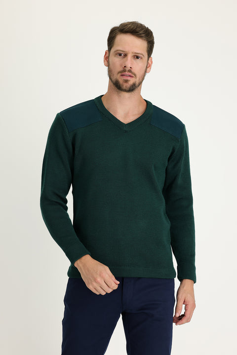 Koyu Yeşil V Yaka Super Slim Fit Ekstra Dar Kesim Çelik Örgü Triko Kazak