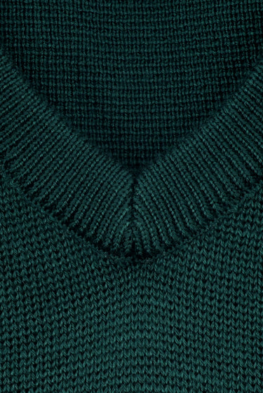 Koyu Yeşil V Yaka Super Slim Fit Ekstra Dar Kesim Çelik Örgü Triko Kazak