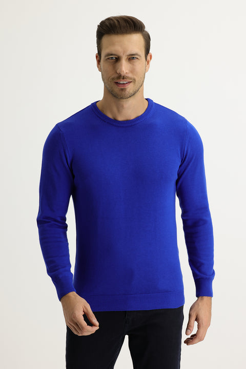 Navy Blue Crew Neck Regular Fit Knitted Sweater