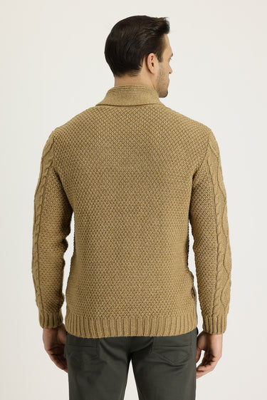 Açık Camel Şal Yaka Regular Fit Desenli Yünlü Triko Kazak