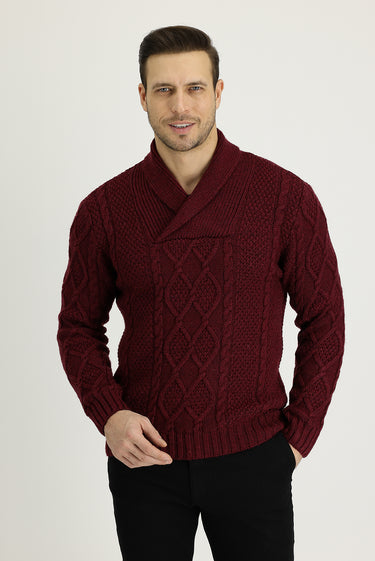 Koyu Bordo Şal Yaka Regular Fit Desenli Yünlü Triko Kazak