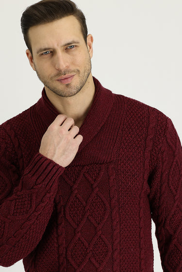 Koyu Bordo Şal Yaka Regular Fit Desenli Yünlü Triko Kazak