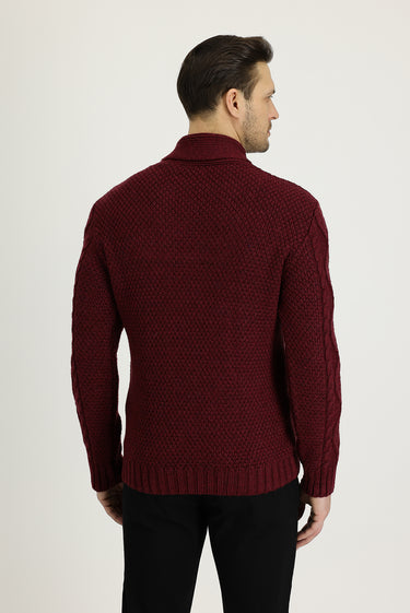 Koyu Bordo Şal Yaka Regular Fit Desenli Yünlü Triko Kazak