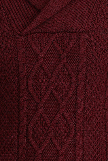 Koyu Bordo Şal Yaka Regular Fit Desenli Yünlü Triko Kazak