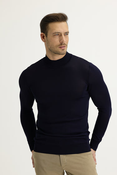 Koyu Lacivert Yarım Balıkçı Yaka Slim Fit Dar Kesim Triko Kazak