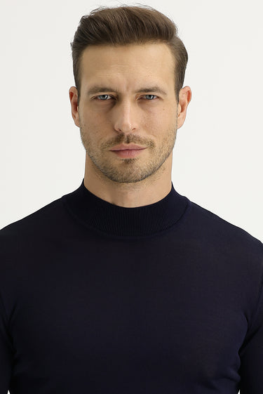 Koyu Lacivert Yarım Balıkçı Yaka Slim Fit Dar Kesim Triko Kazak