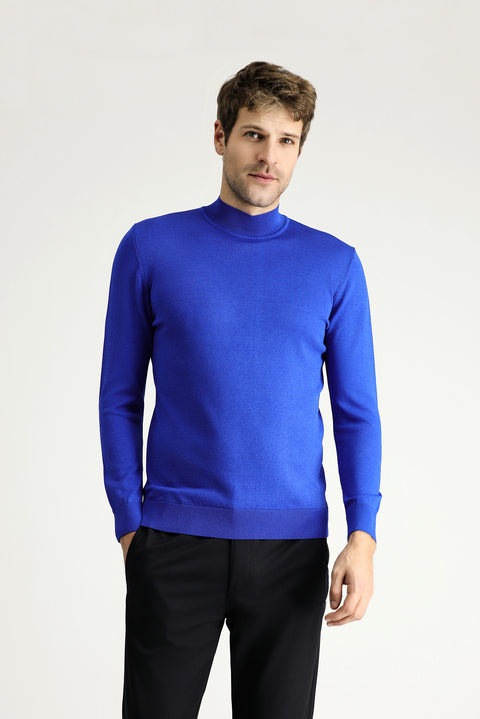 Saks Mavi Yarım Balıkçı Yaka Slim Fit Dar Kesim Triko Kazak