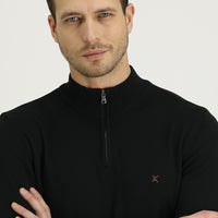 Siyah Yarım Balıkçı Yaka Slim Fit Dar Kesim Fermuarlı Nakışlı Pamuklu Triko Kazak