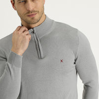 Açık Gri Melanj Yarım Balıkçı Yaka Slim Fit Dar Kesim Fermuarlı Nakışlı Pamuklu Triko Kazak