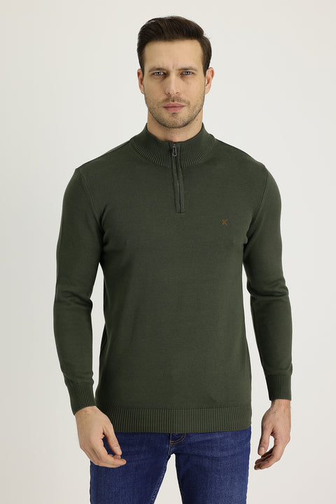 Asker Haki Yarım Balıkçı Yaka Slim Fit Dar Kesim Fermuarlı Nakışlı Pamuklu Triko Kazak