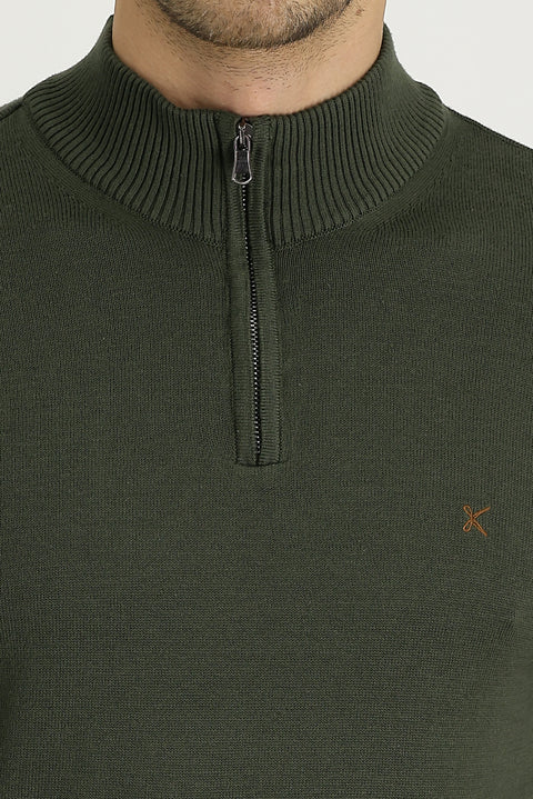 Asker Haki Yarım Balıkçı Yaka Slim Fit Dar Kesim Fermuarlı Nakışlı Pamuklu Triko Kazak