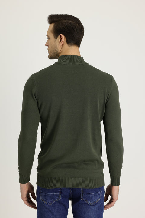 Asker Haki Yarım Balıkçı Yaka Slim Fit Dar Kesim Fermuarlı Nakışlı Pamuklu Triko Kazak