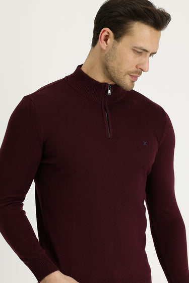 Koyu Bordo Yarım Balıkçı Yaka Slim Fit Dar Kesim Fermuarlı Nakışlı Pamuklu Triko Kazak