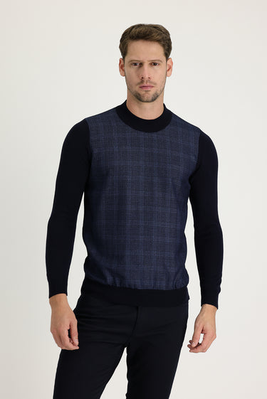 Orta Lacivert Yarım Balıkçı Yaka Regular Fit Desenli Triko Kazak