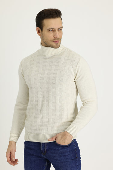 Ekru Balıkçı Yaka Regular Fit Yünlü Desenli Pamuklu Triko Kazak