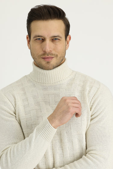 Ekru Balıkçı Yaka Regular Fit Yünlü Desenli Pamuklu Triko Kazak