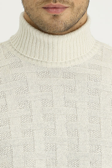 Ekru Balıkçı Yaka Regular Fit Yünlü Desenli Pamuklu Triko Kazak