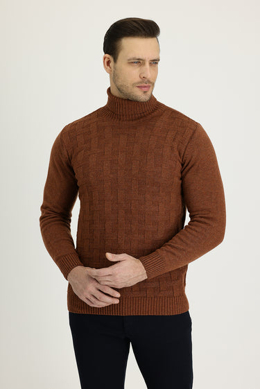 Kiremit Balıkçı Yaka Regular Fit Yünlü Desenli Triko Kazak