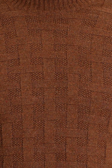 Kiremit Balıkçı Yaka Regular Fit Yünlü Desenli Triko Kazak