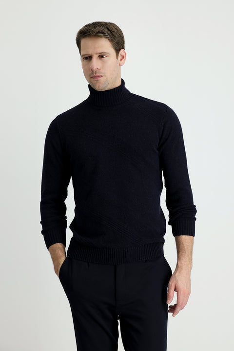 Koyu Lacivert Balıkçı Yaka Slim Fit Dar Kesim Desenli Yünlü Triko Kazak