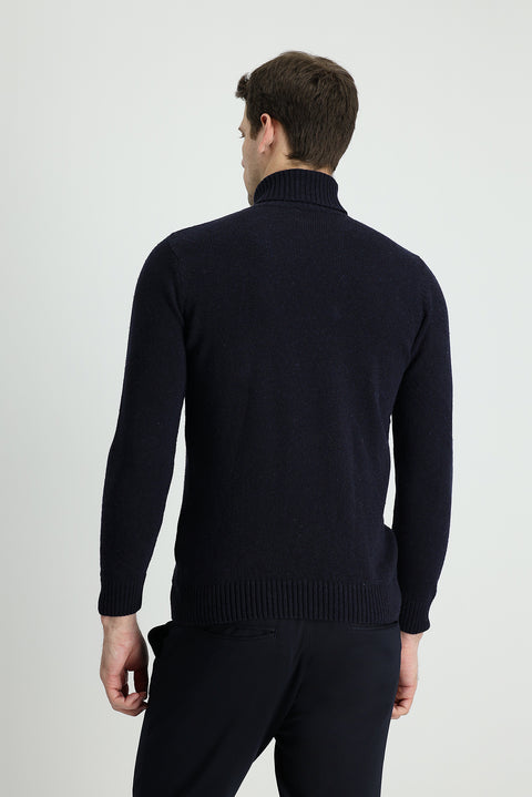 Koyu Lacivert Balıkçı Yaka Slim Fit Dar Kesim Desenli Yünlü Triko Kazak