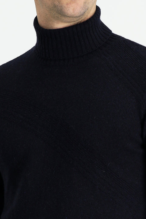 Koyu Lacivert Balıkçı Yaka Slim Fit Dar Kesim Desenli Yünlü Triko Kazak