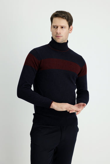 Koyu Lacivert Balıkçı Yaka Slim Fit Dar Kesim Desenli Yünlü Triko Kazak