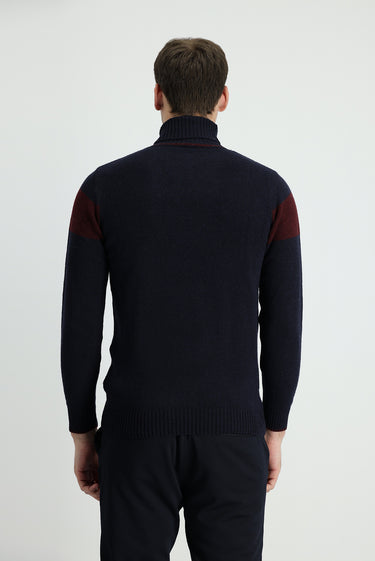 Koyu Lacivert Balıkçı Yaka Slim Fit Dar Kesim Desenli Yünlü Triko Kazak