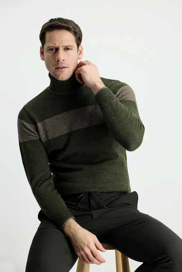 Orta Haki Balıkçı Yaka Slim Fit Dar Kesim Desenli Yünlü Triko Kazak