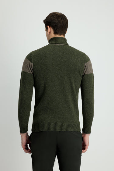 Orta Haki Balıkçı Yaka Slim Fit Dar Kesim Desenli Yünlü Triko Kazak