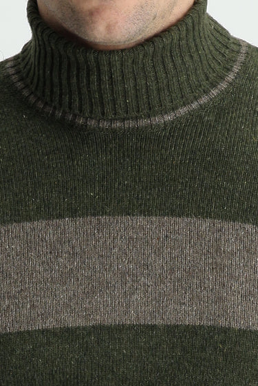 Orta Haki Balıkçı Yaka Slim Fit Dar Kesim Desenli Yünlü Triko Kazak