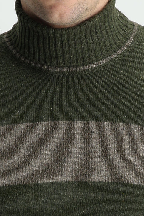 Orta Haki Balıkçı Yaka Slim Fit Dar Kesim Desenli Yünlü Triko Kazak