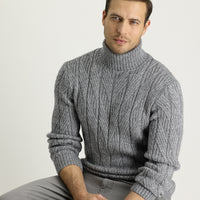 Medium Grey Melange Turtleneck Regular Fit Patterned Wool Knit Sweater