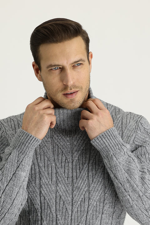 Medium Grey Melange Turtleneck Regular Fit Patterned Wool Knit Sweater