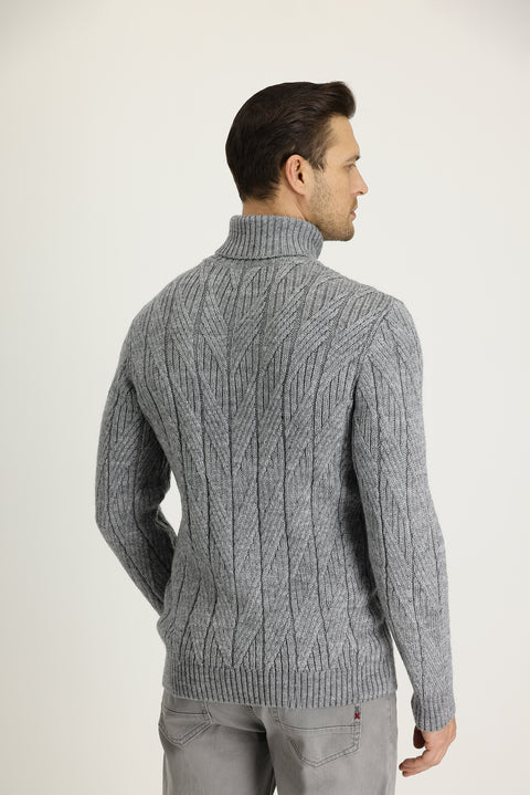 Medium Grey Melange Turtleneck Regular Fit Patterned Wool Knit Sweater
