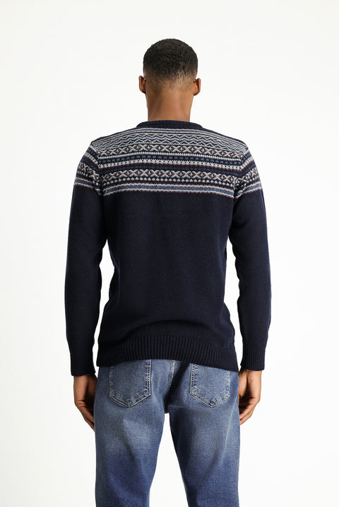 Koyu Lacivert Bisiklet Yaka Slim Fit Dar Kesim Yünlü Desenli Triko Kazak