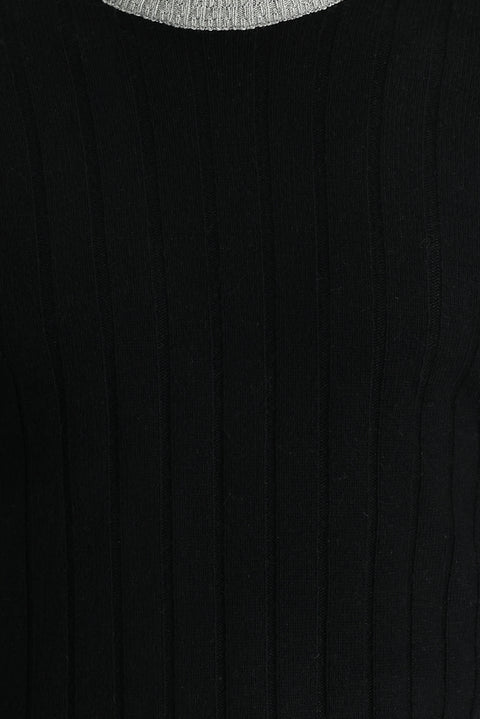 Siyah Bisiklet Yaka Slim Fit Dar Kesim Yünlü Desenli Triko Kazak
