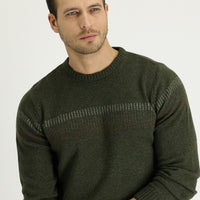 Orta Haki Bisiklet Yaka Regular Fit Yünlü Desenli Triko Kazak