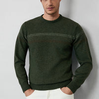 Medium Khaki Crew Neck Regular Fit Patterned Wool Knit Sweater
