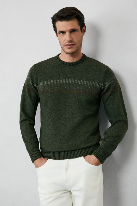 Medium Khaki Crew Neck Regular Fit Patterned Wool Knit Sweater