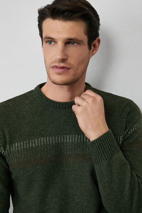 Medium Khaki Crew Neck Regular Fit Patterned Wool Knit Sweater
