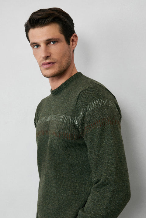 Medium Khaki Crew Neck Regular Fit Patterned Wool Knit Sweater