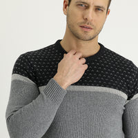 Light Grey Melange Crew Neck Wool Blend Patterned Knit Sweater