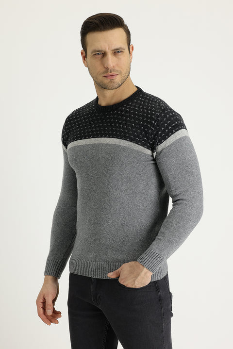 Light Grey Melange Crew Neck Wool Blend Patterned Knit Sweater